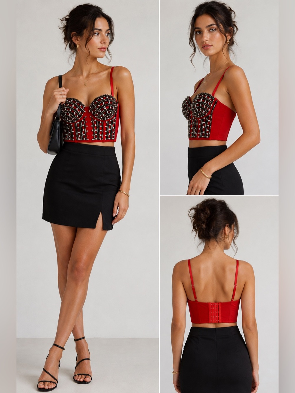 Women's Beaded Red Tank Corset Bra Bralette Spaghetti Strap‎ Bustier Crop Top